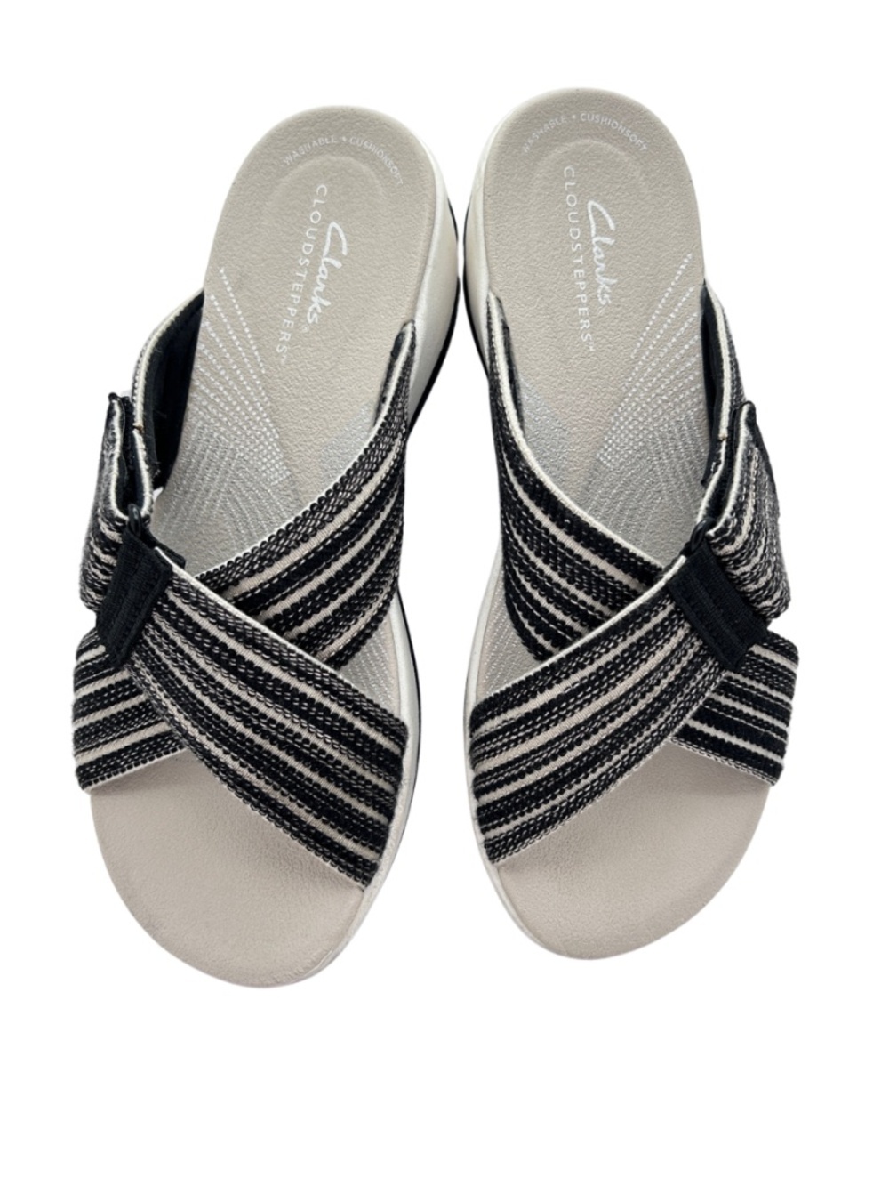 Clarks Cloudsteppers Black and White Crisscross Slide Sandals